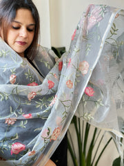 Powder Blue Organza Dupatta with Thread Embroidery - Masakalee