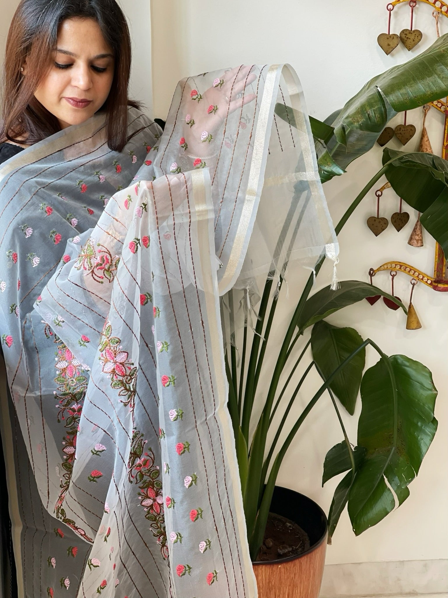 Powder Blue Organza Dupatta with Thread Embroidery - Masakalee