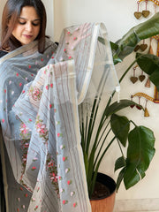 Powder Blue Organza Dupatta with Thread Embroidery - Masakalee