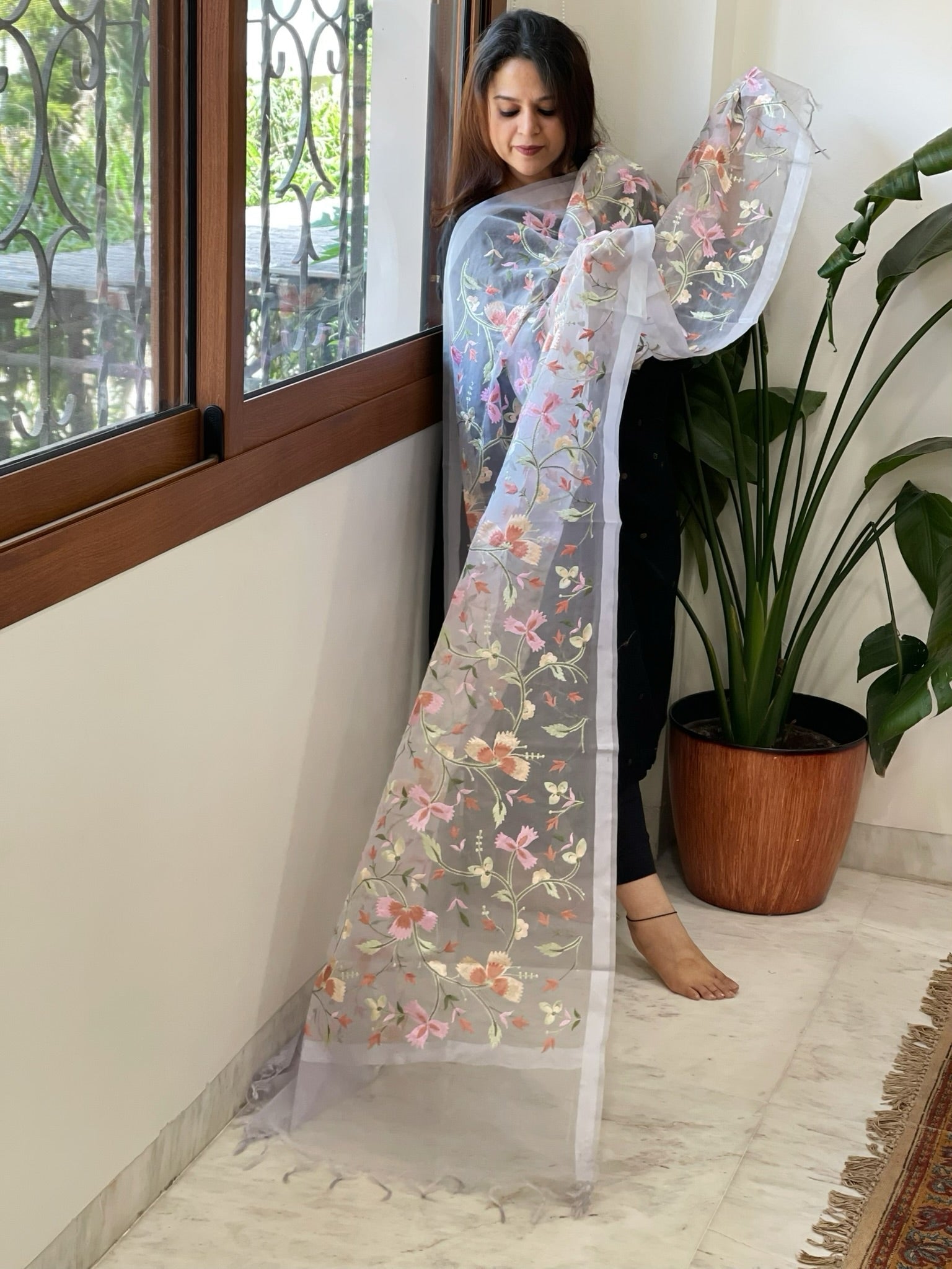 Powder Blue Organza Dupatta with thread embroidery - Masakalee