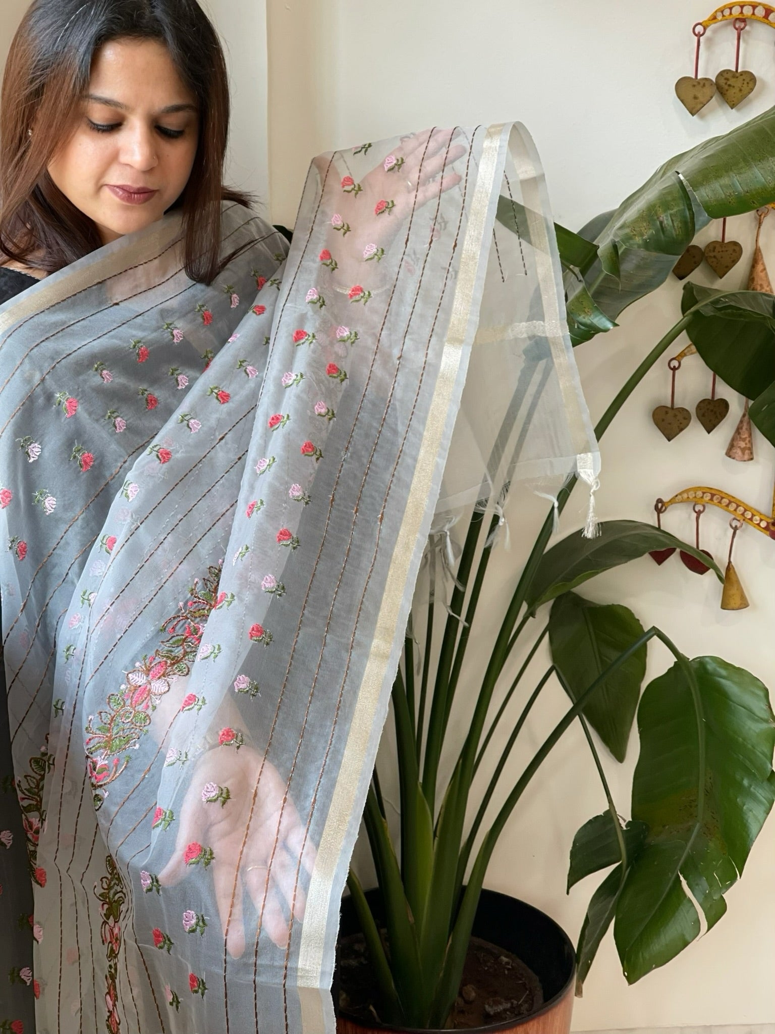 Powder Blue Organza Dupatta with Thread Embroidery - Masakalee