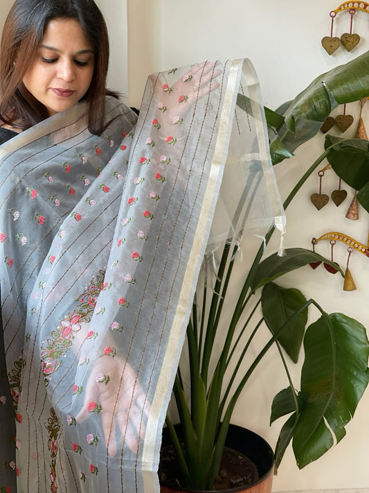 Powder Blue Organza Dupatta with Thread Embroidery - Masakalee