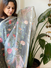 Powder Blue Organza Dupatta with Thread Embroidery - Masakalee