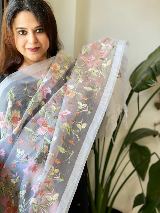 Powder Blue Organza Dupatta with thread embroidery - Masakalee