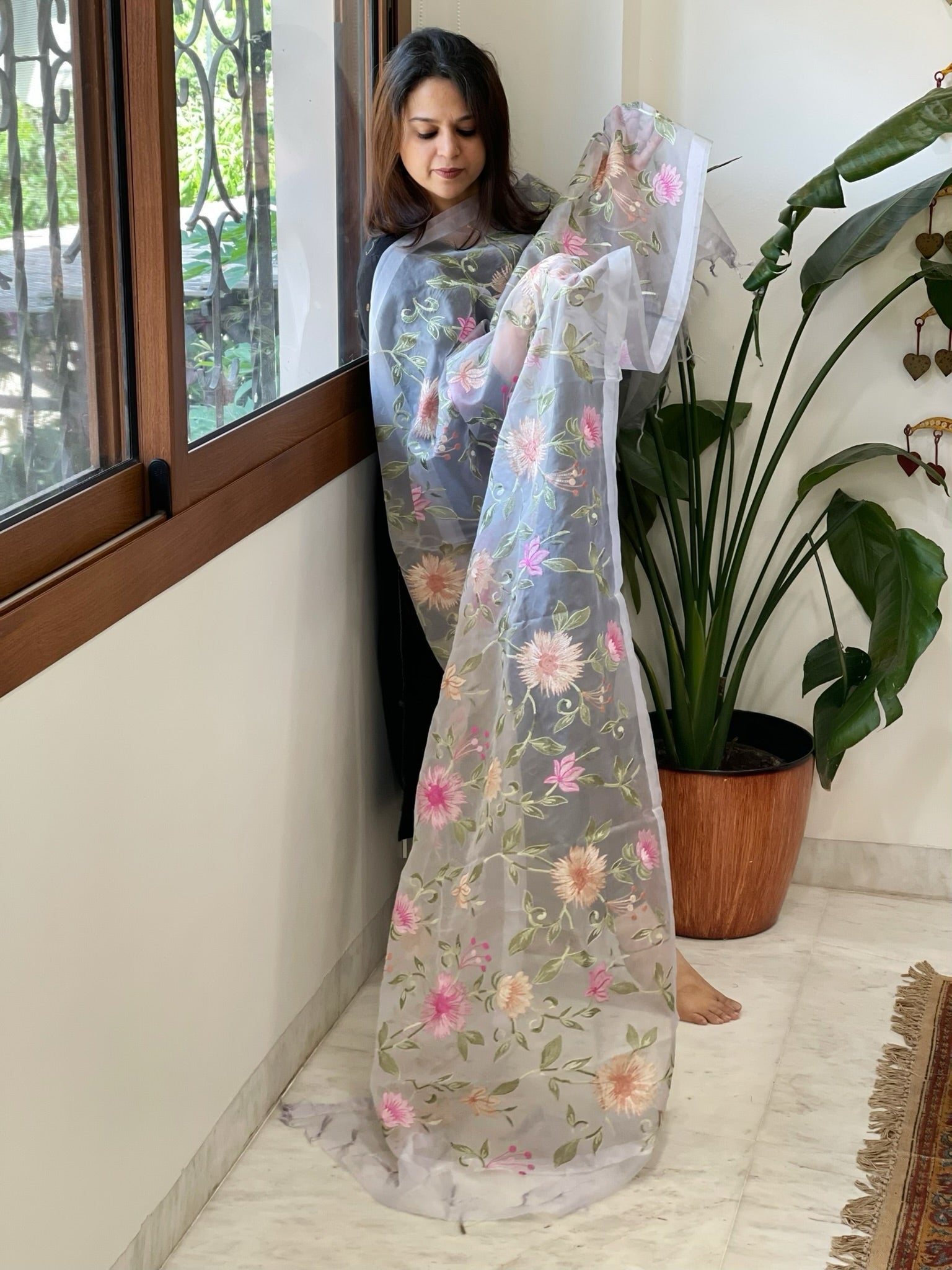 Powder Blue Organza Dupatta with thread embroidery - Masakalee