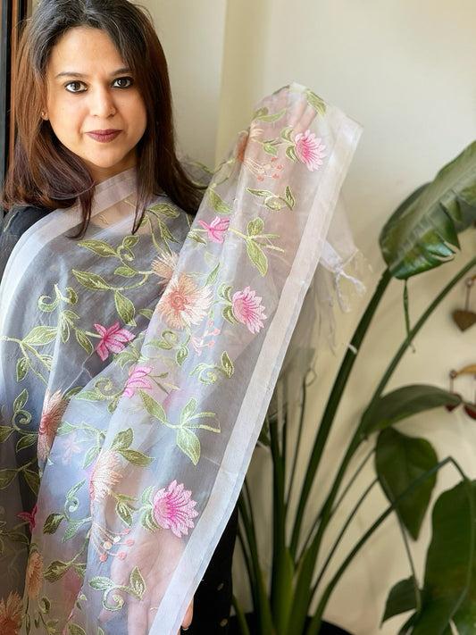 Powder Blue Organza Dupatta with thread embroidery - Masakalee