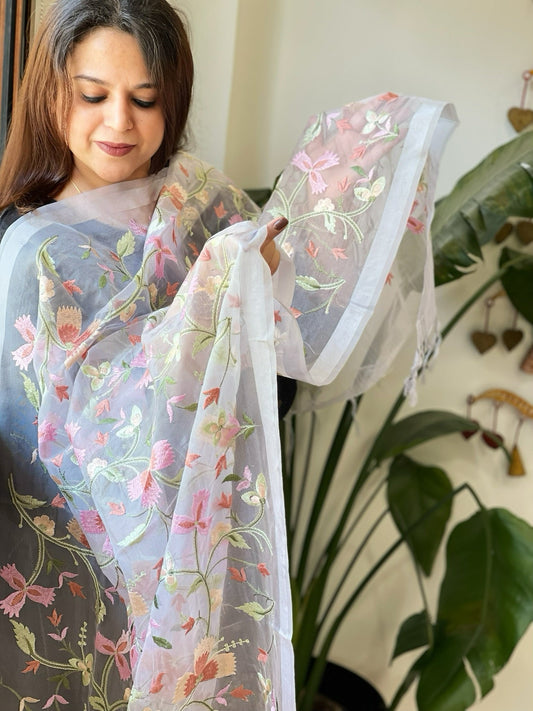 Powder Blue Organza Dupatta with thread embroidery - Masakalee