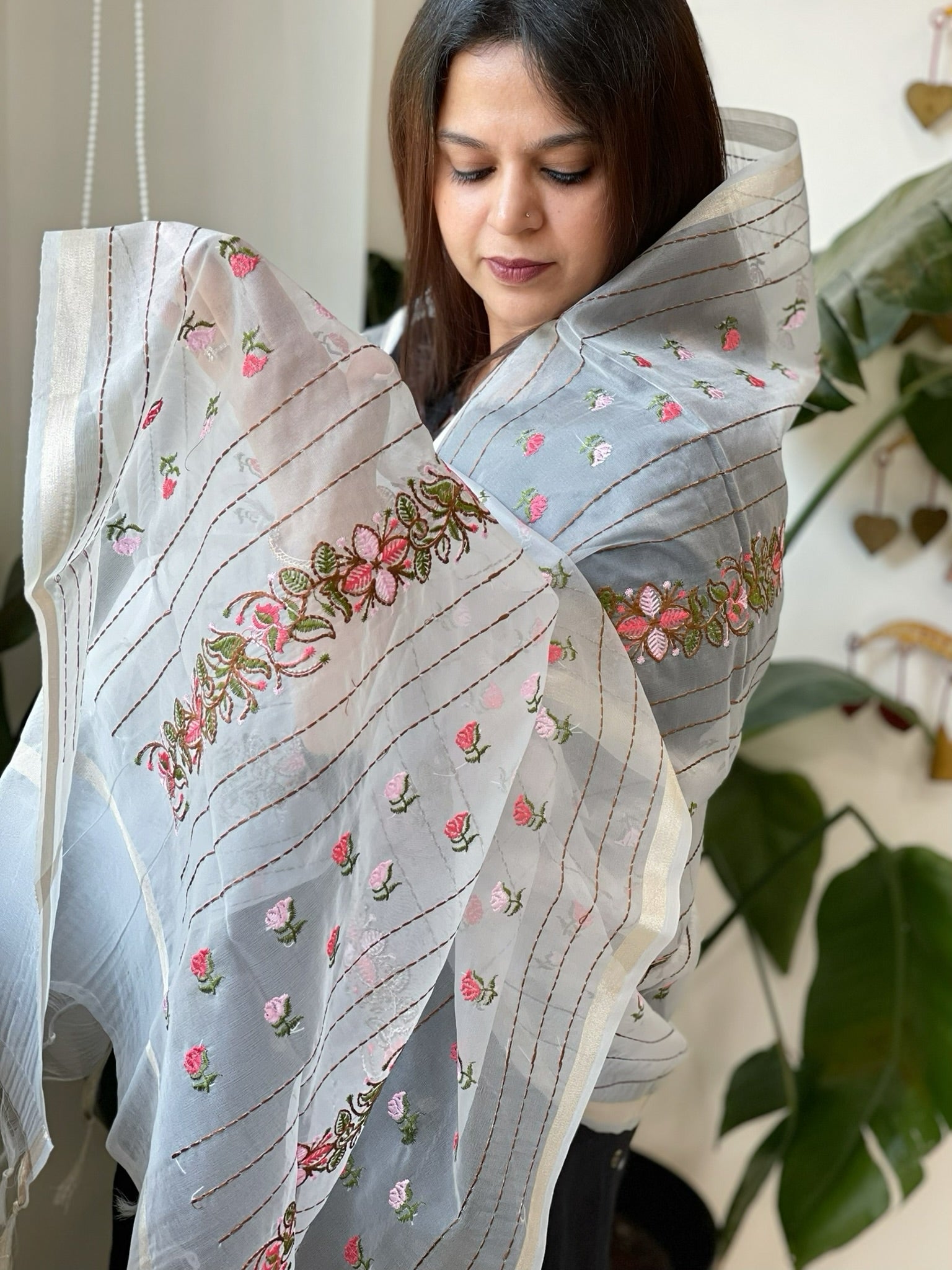 Powder Blue Organza Dupatta with Thread Embroidery - Masakalee