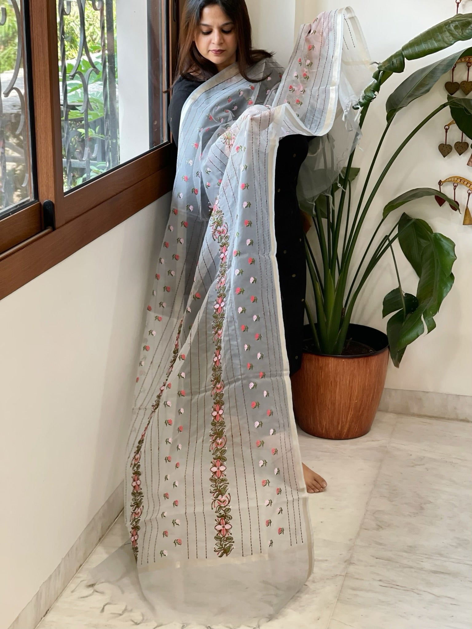 Powder Blue Organza Dupatta with Thread Embroidery - Masakalee
