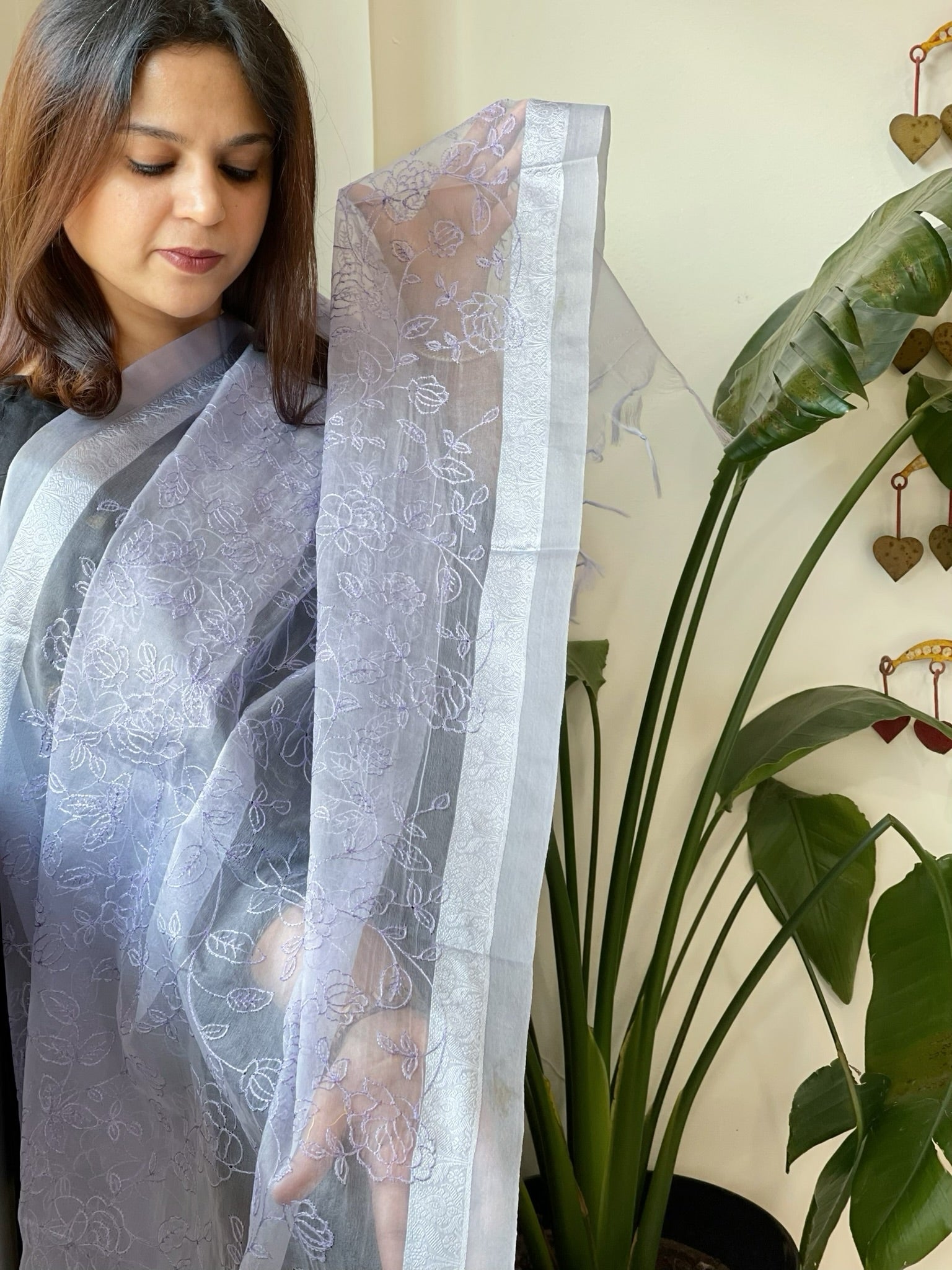 Powder Blue Organza Dupatta with Thread Jaal Embroidery - Masakalee