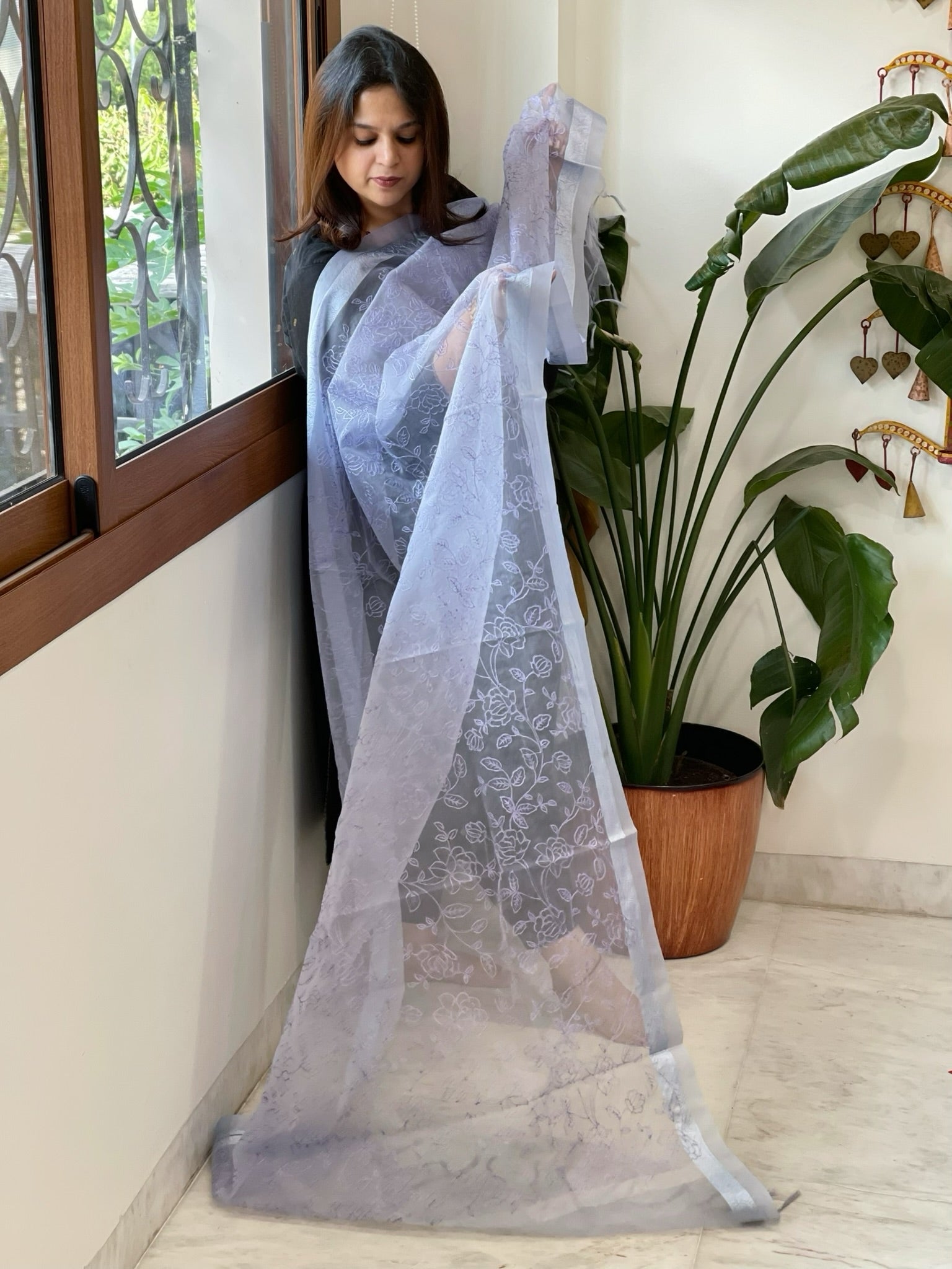 Powder Blue Organza Dupatta with Thread Jaal Embroidery - Masakalee