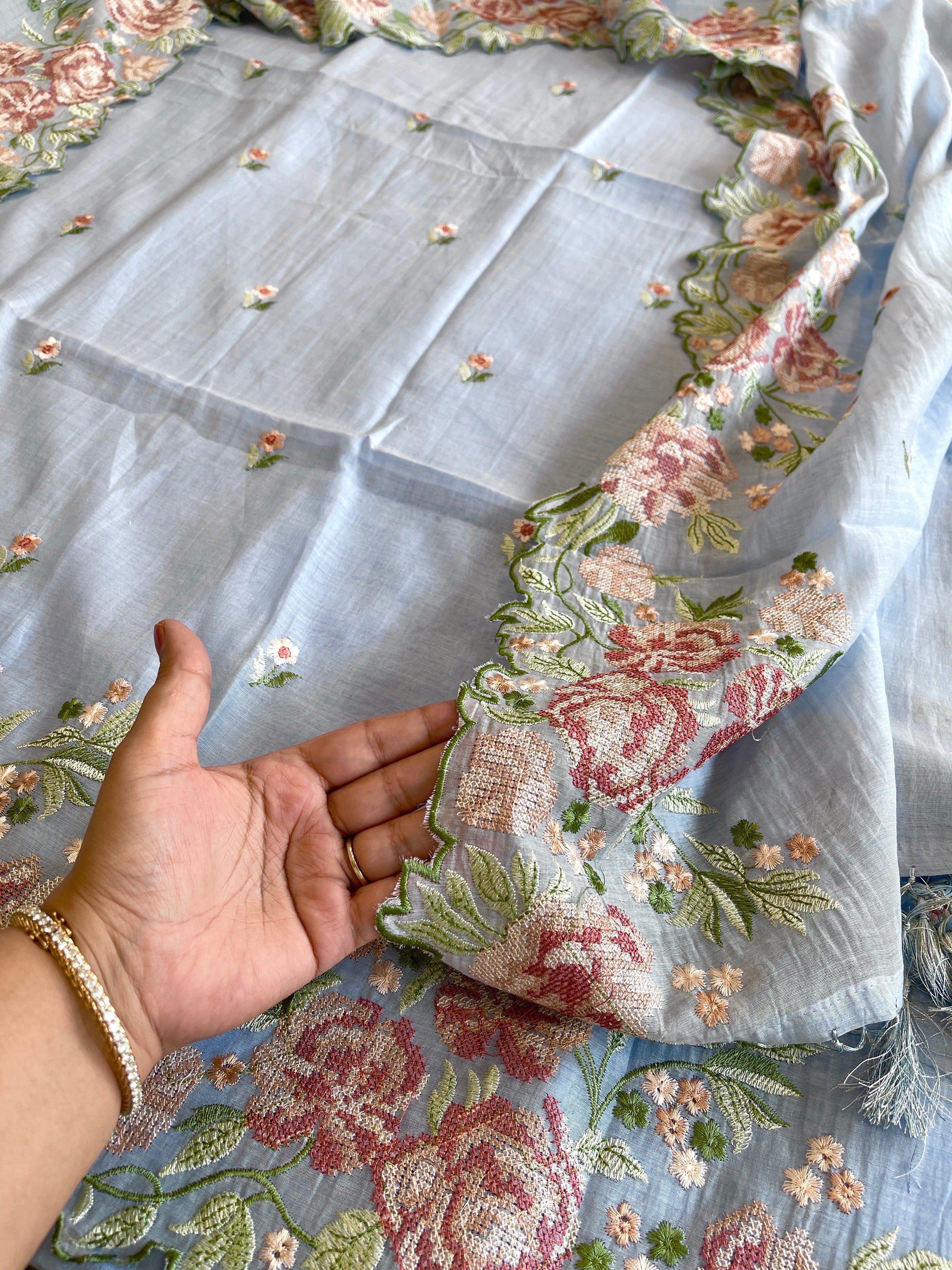 Powder Blue Suit Set with Cross - Stitch Embroidery in Pure Mul Chanderi - Masakalee