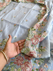 Powder Blue Suit Set with Cross - Stitch Embroidery in Pure Mul Chanderi - Masakalee