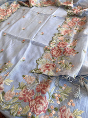 Powder Blue Suit Set with Cross - Stitch Embroidery in Pure Mul Chanderi - Masakalee