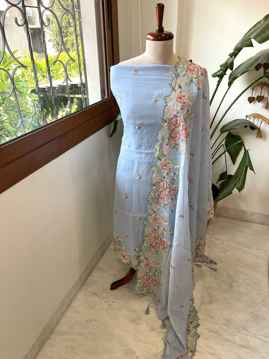 Powder Blue Suit Set with Cross - Stitch Embroidery in Pure Mul Chanderi - Masakalee