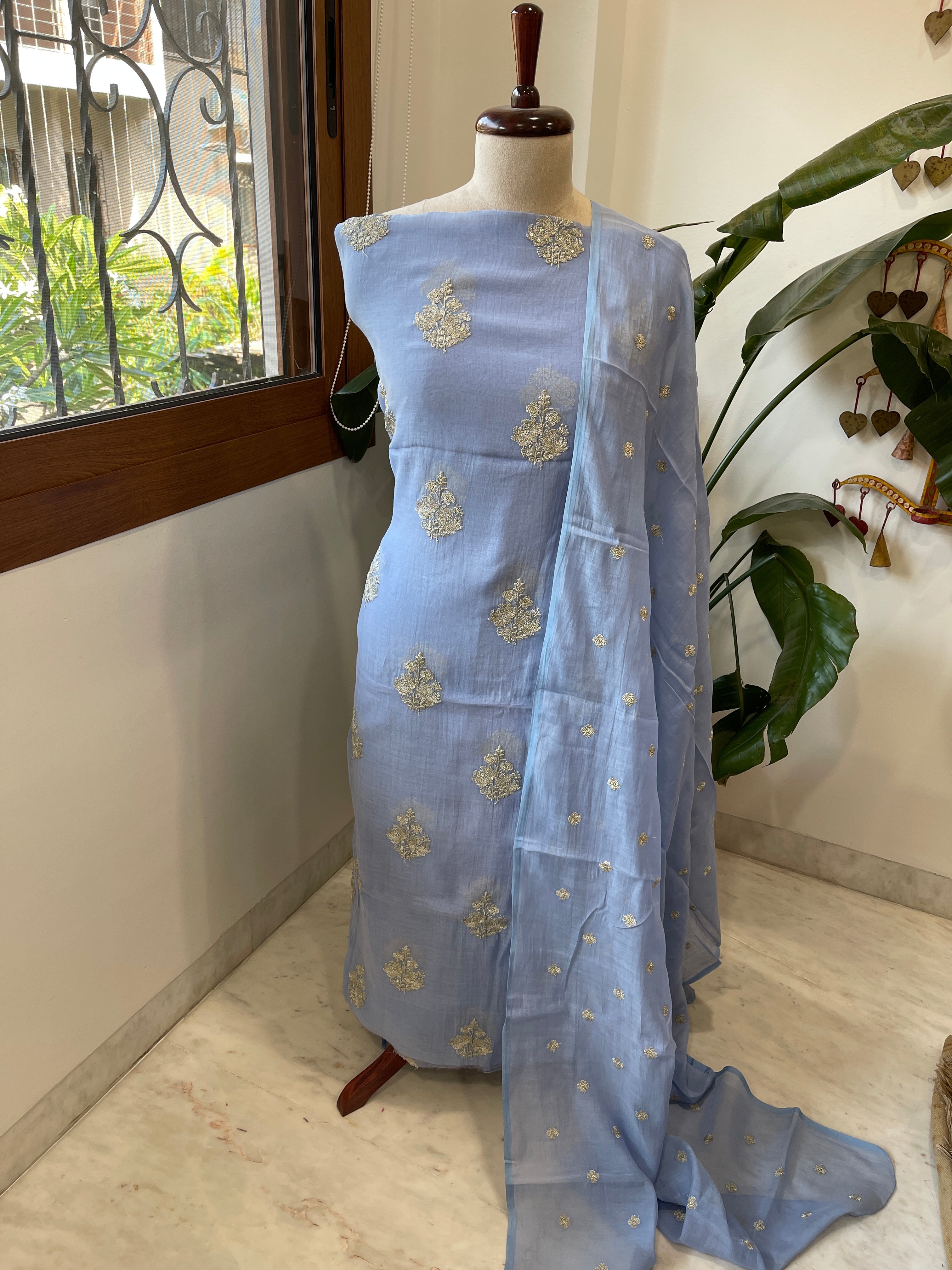 Powder Blue Suit Set with Gold Thread & Sequin Work in Pure Mul - Masakalee
