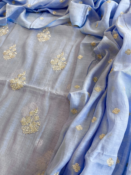 Powder Blue Suit Set with Gold Thread & Sequin Work in Pure Mul - Masakalee