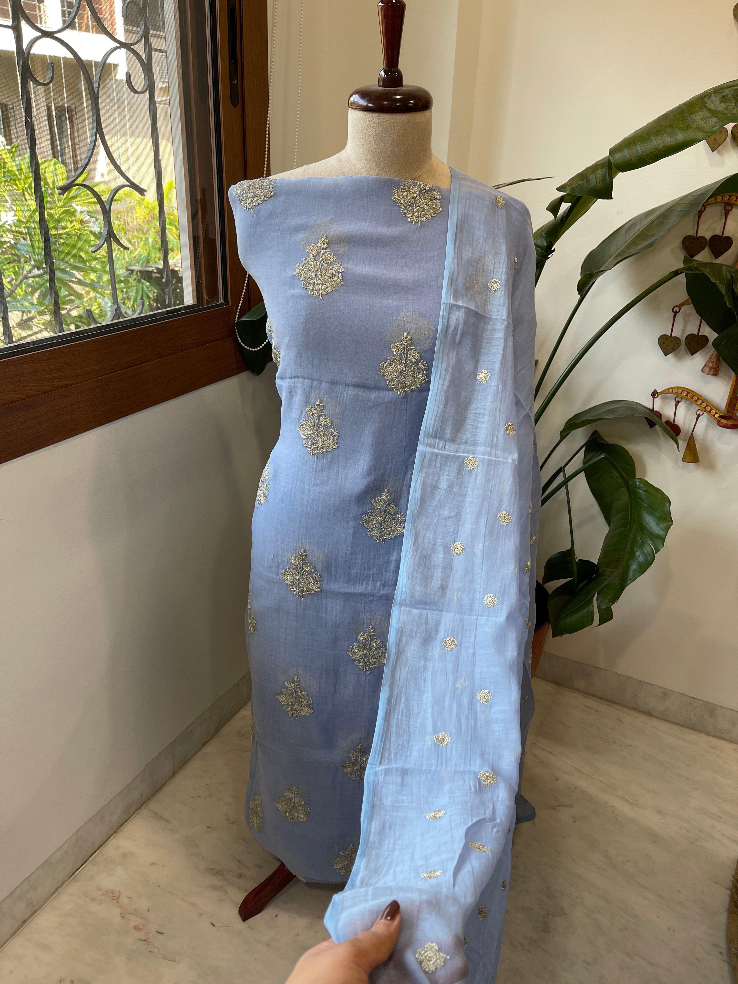 Powder Blue Suit Set with Gold Thread & Sequin Work in Pure Mul - Masakalee