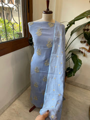 Powder Blue Suit Set with Gold Thread & Sequin Work in Pure Mul - Masakalee