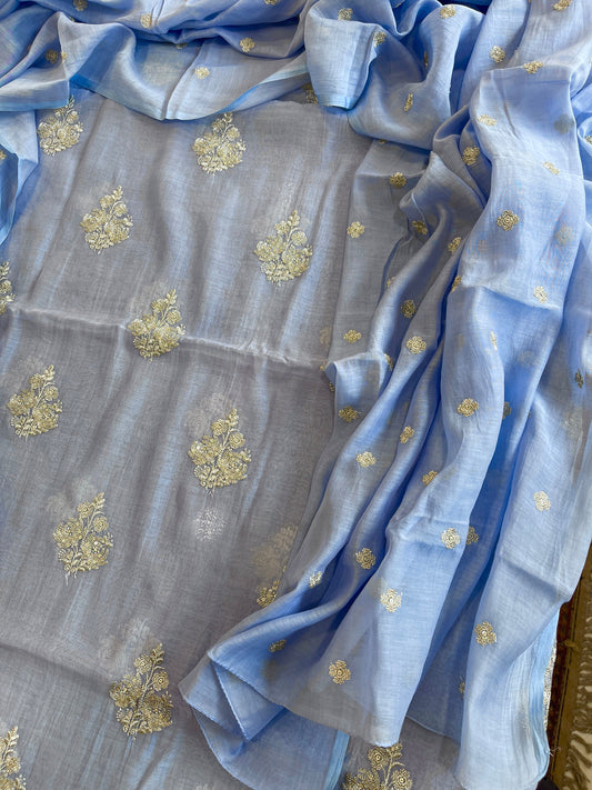 Powder Blue Suit Set with Gold Thread & Sequin Work in Pure Mul - Masakalee