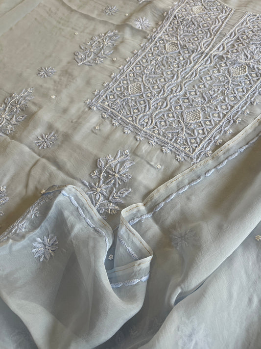 Powder Blue Suit Set with Lucknowi and Pearl Handwork in Organza Crepe - Masakalee