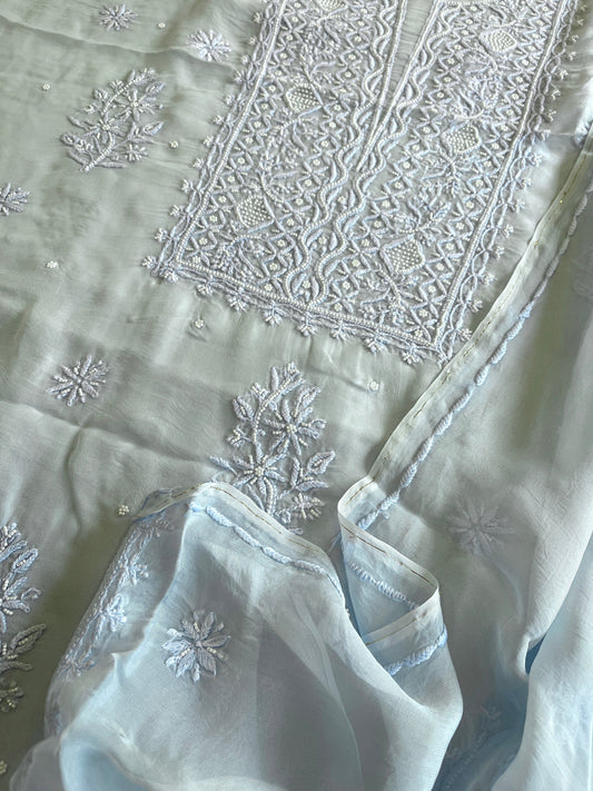Powder Blue Suit Set with Lucknowi and Pearl Handwork in Organza Crepe - Masakalee