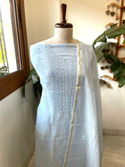 Powder Blue Suit Set with Lucknowi Handwork in Pure Mul Chanderi - Masakalee