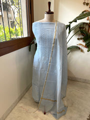 Powder Blue Suit Set with Lucknowi Handwork in Pure Mul Chanderi - Masakalee