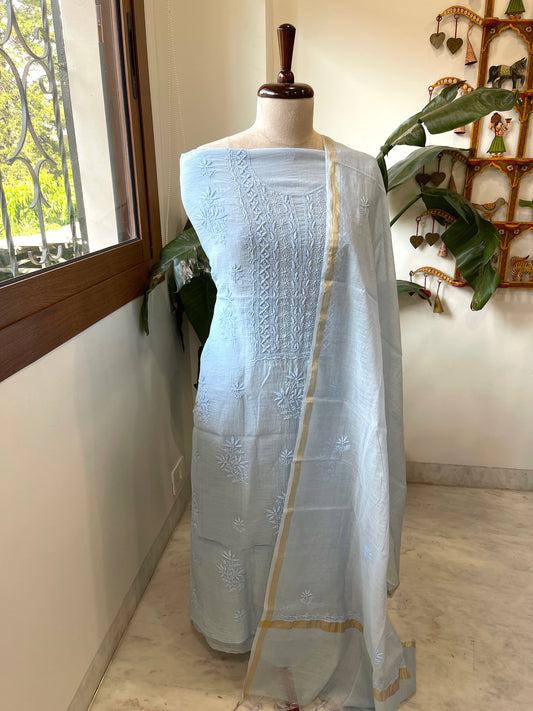 Powder Blue Suit Set with Lucknowi Handwork in Pure Mul Chanderi - Masakalee