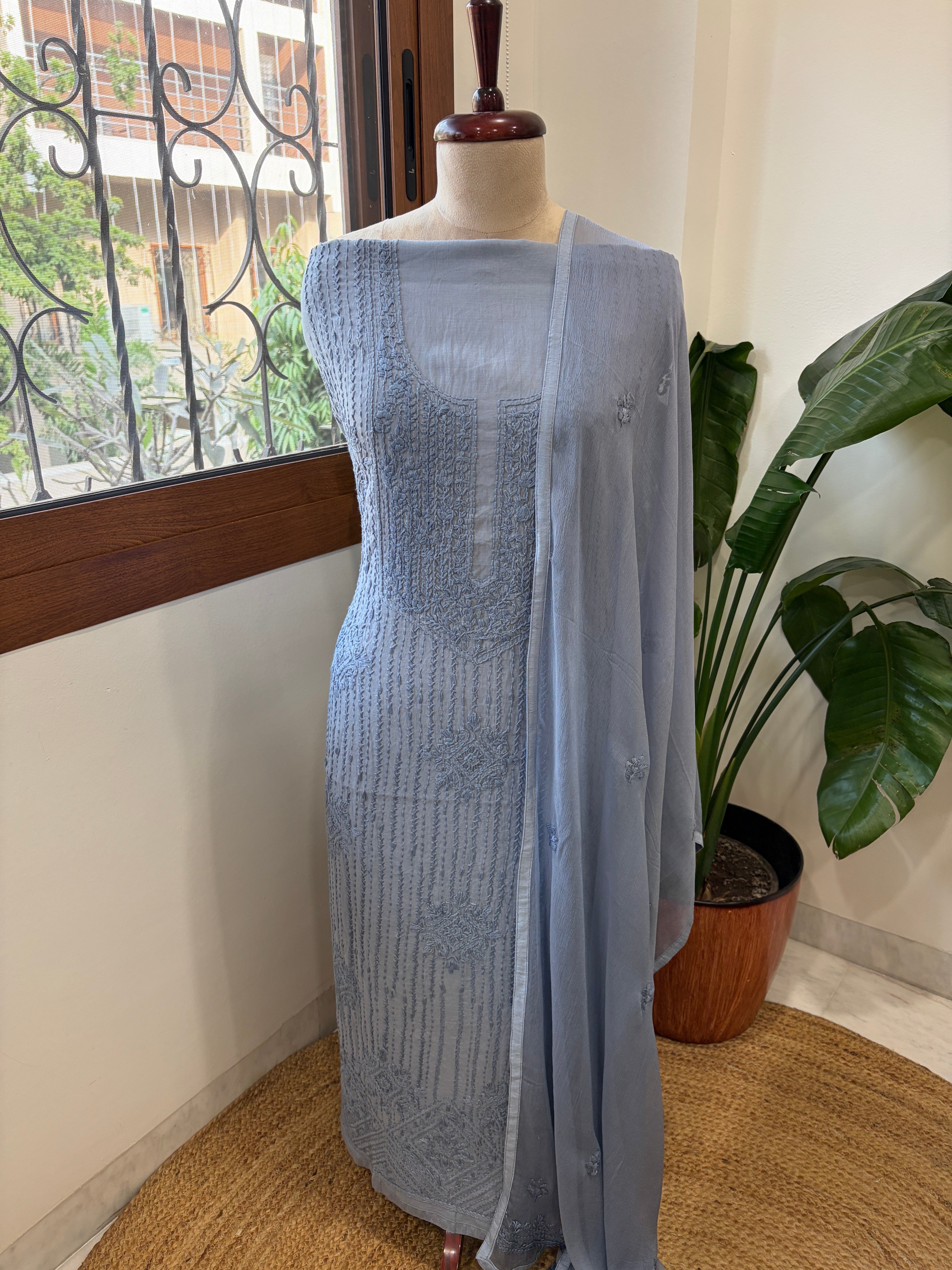 Powder Blue Suit Set with Lucknowi Handwork in Pure Mul Cotton - Masakalee