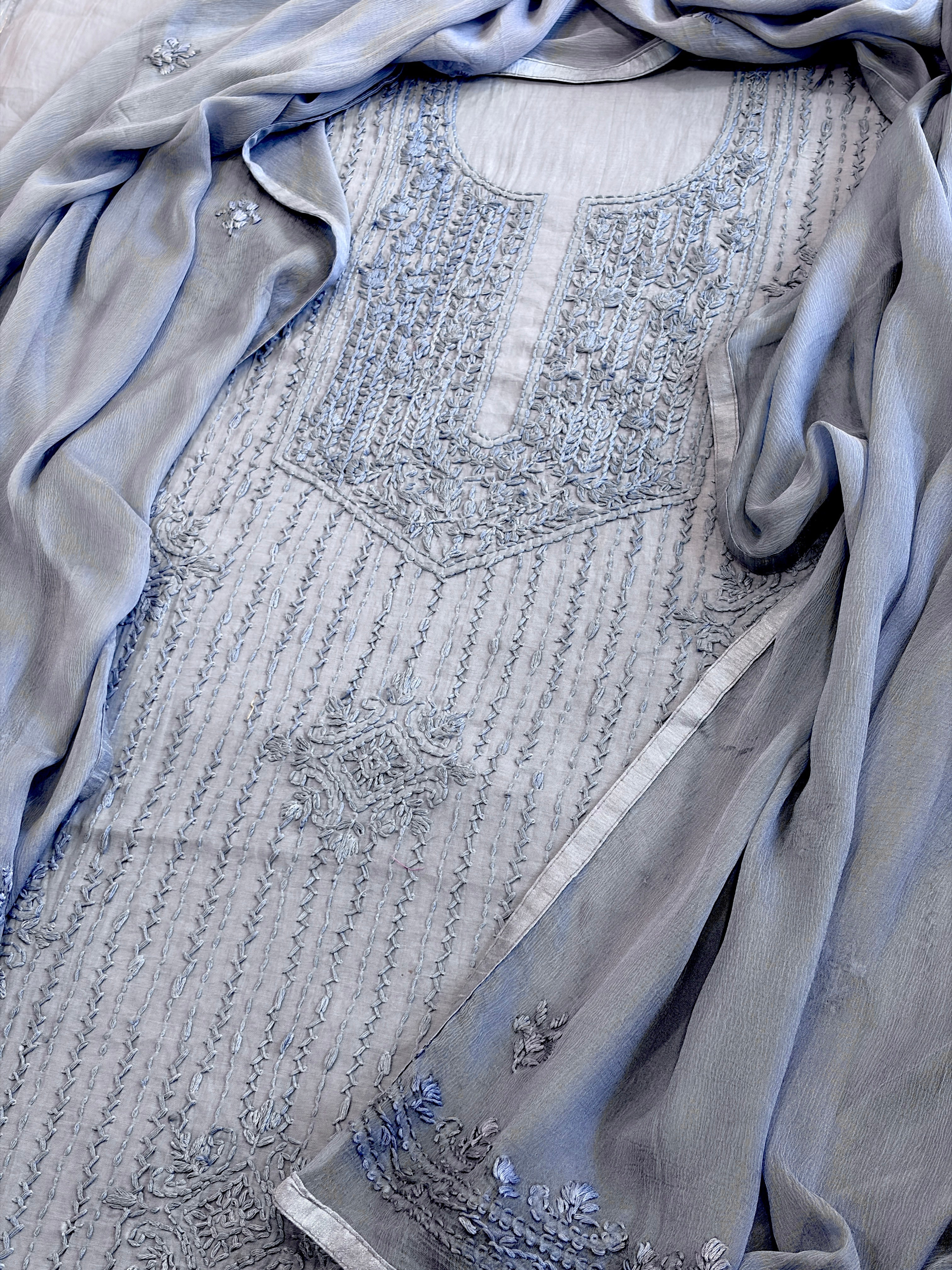 Powder Blue Suit Set with Lucknowi Handwork in Pure Mul Cotton - Masakalee