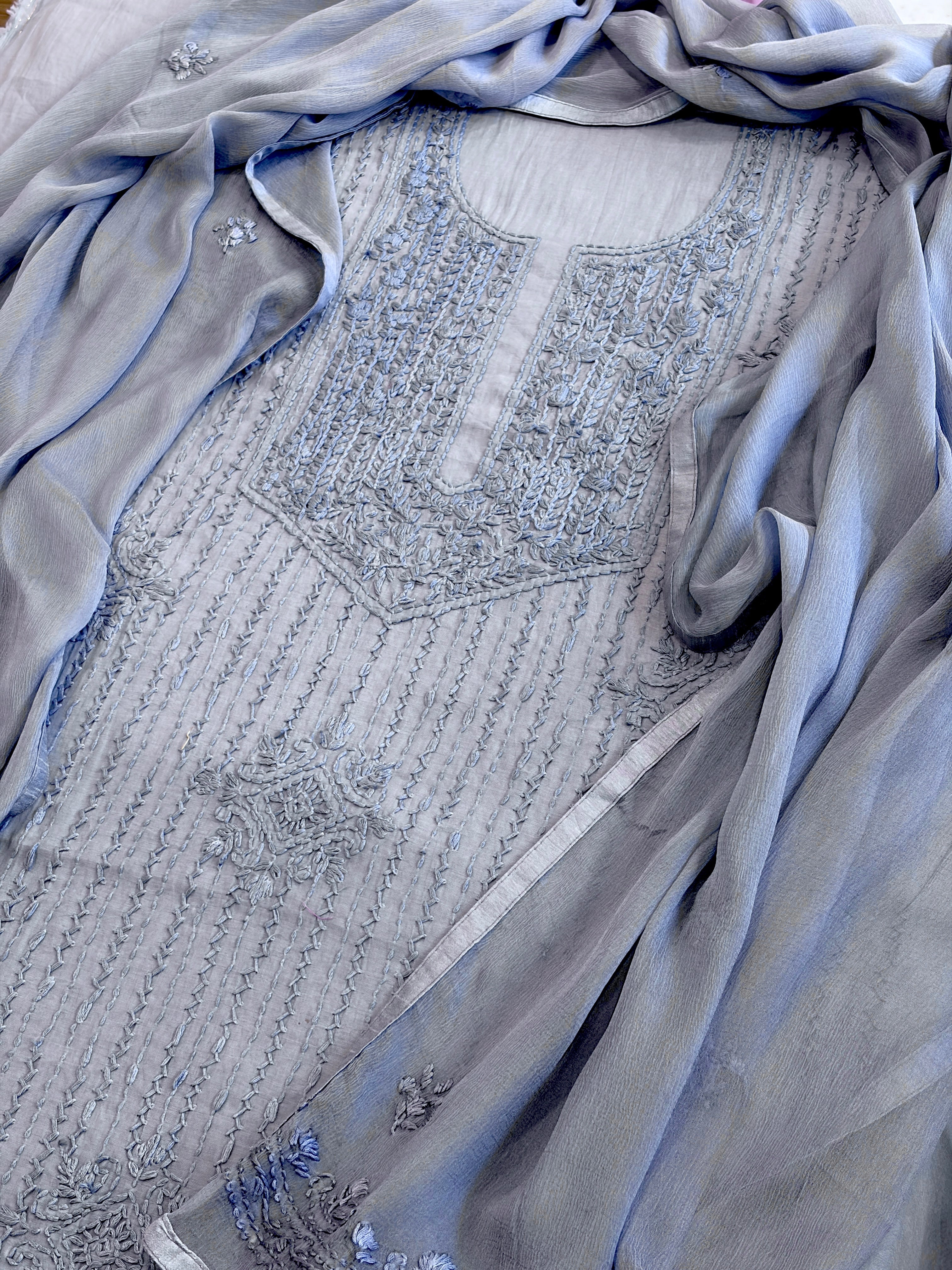 Powder Blue Suit Set with Lucknowi Handwork in Pure Mul Cotton - Masakalee
