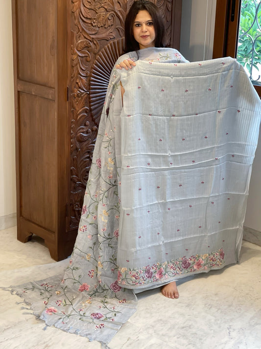Powder Blue Suit Set with Parsi Gara Embroidery in Pure Tussar Silk - Masakalee