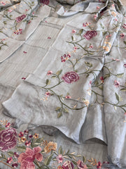 Powder Blue Suit Set with Parsi Gara Embroidery in Pure Tussar Silk - Masakalee