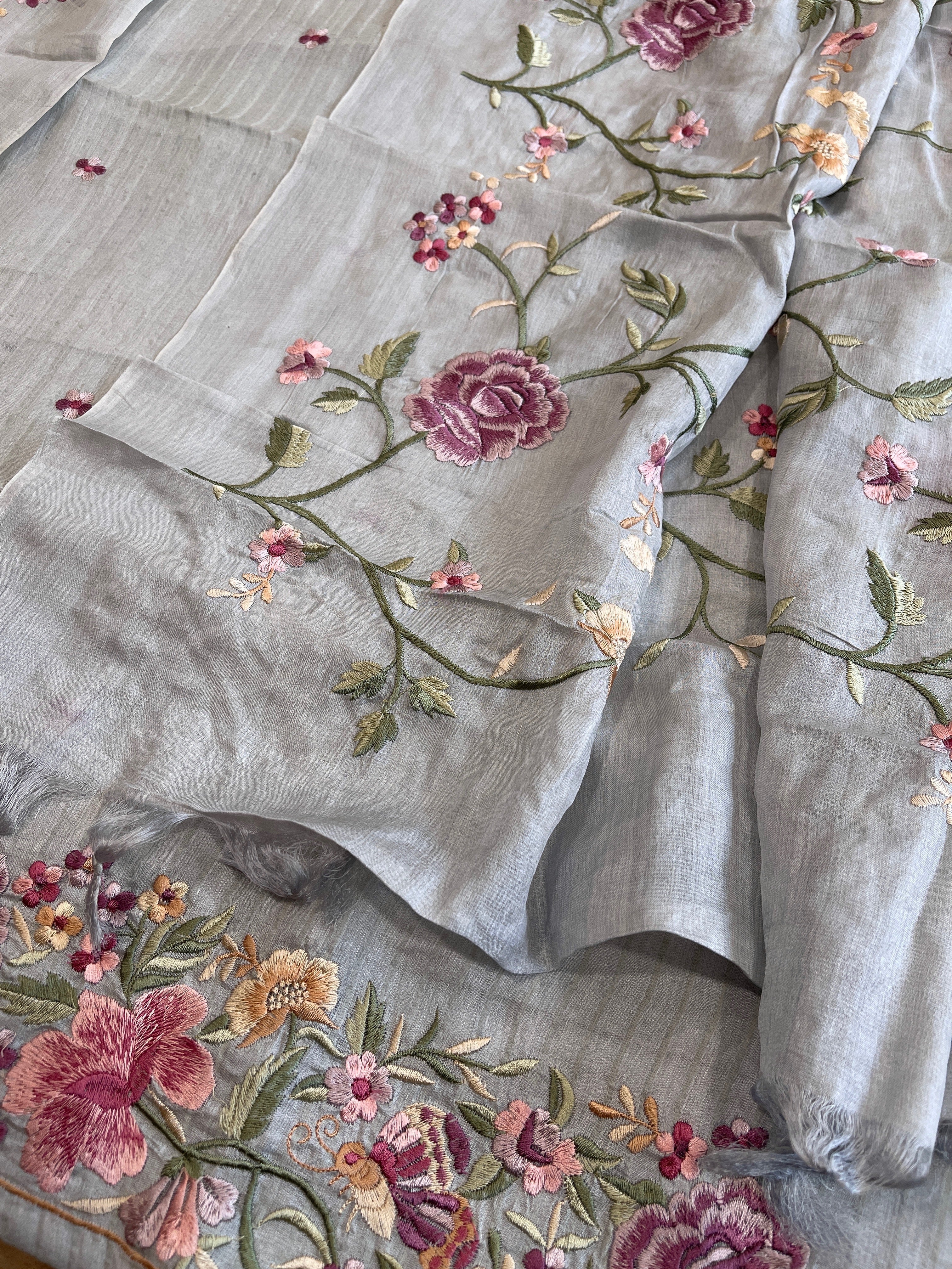 Powder Blue Suit Set with Parsi Gara Embroidery in Pure Tussar Silk - Masakalee