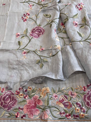 Powder Blue Suit Set with Parsi Gara Embroidery in Pure Tussar Silk - Masakalee