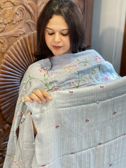 Powder Blue Suit Set with Parsi Gara Embroidery in Pure Tussar Silk - Masakalee