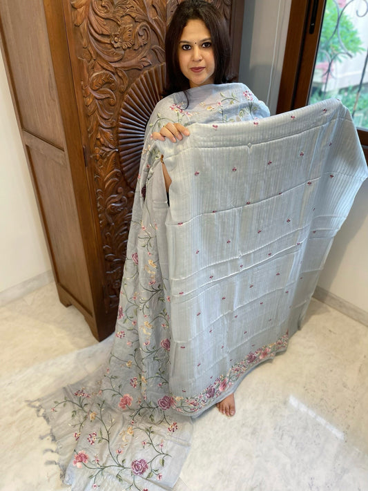 Powder Blue Suit Set with Parsi Gara Embroidery in Pure Tussar Silk - Masakalee