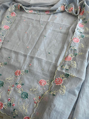 Powder Blue Suit Set with Thread Embroidery in Mul Chanderi - Masakalee