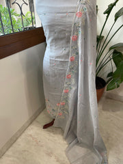 Powder Blue Suit Set with Thread Embroidery in Mul Chanderi - Masakalee