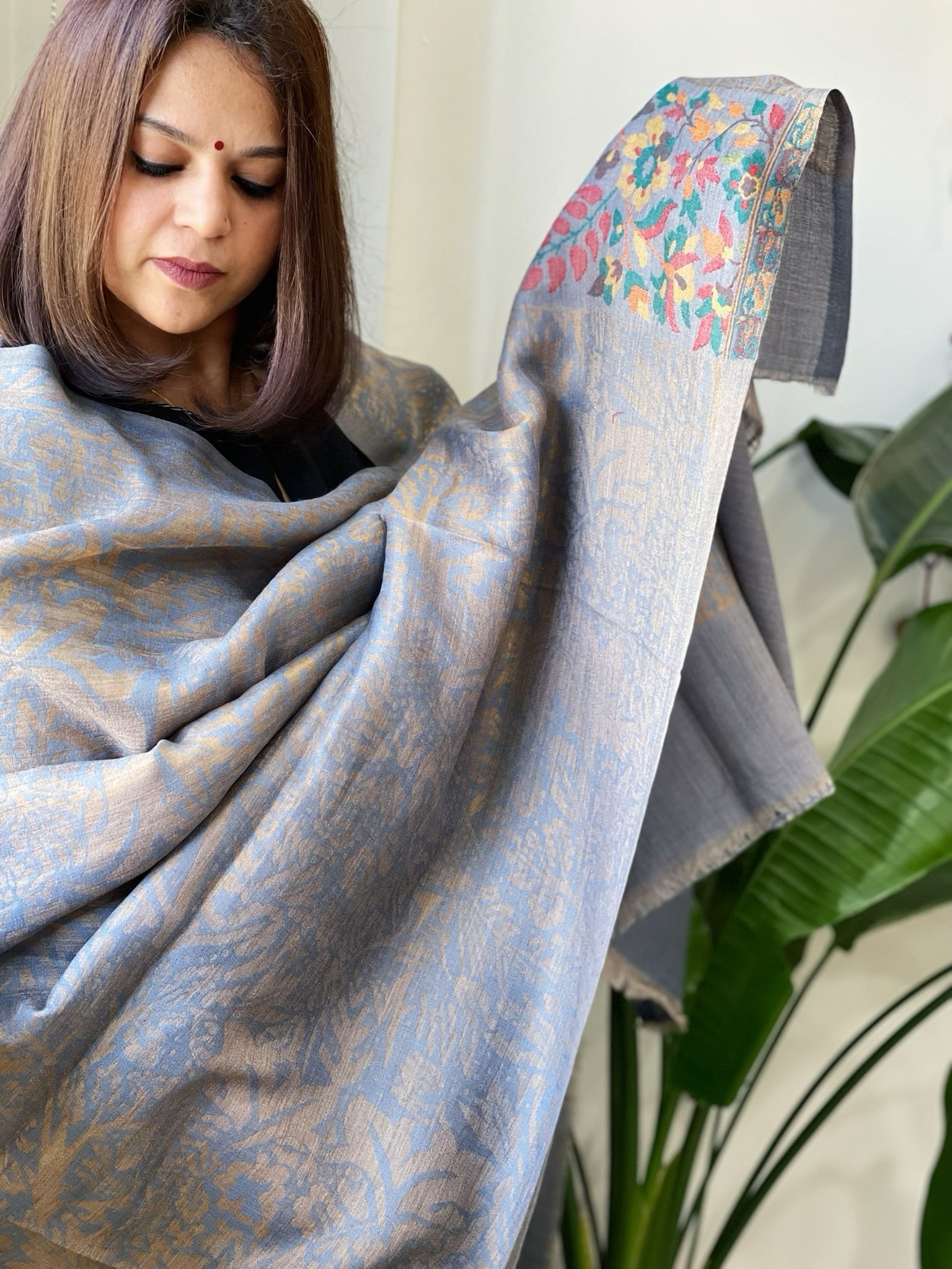 Powder Blue Woven Pashmina Zari Shawl with Kaani Pallu - Masakalee
