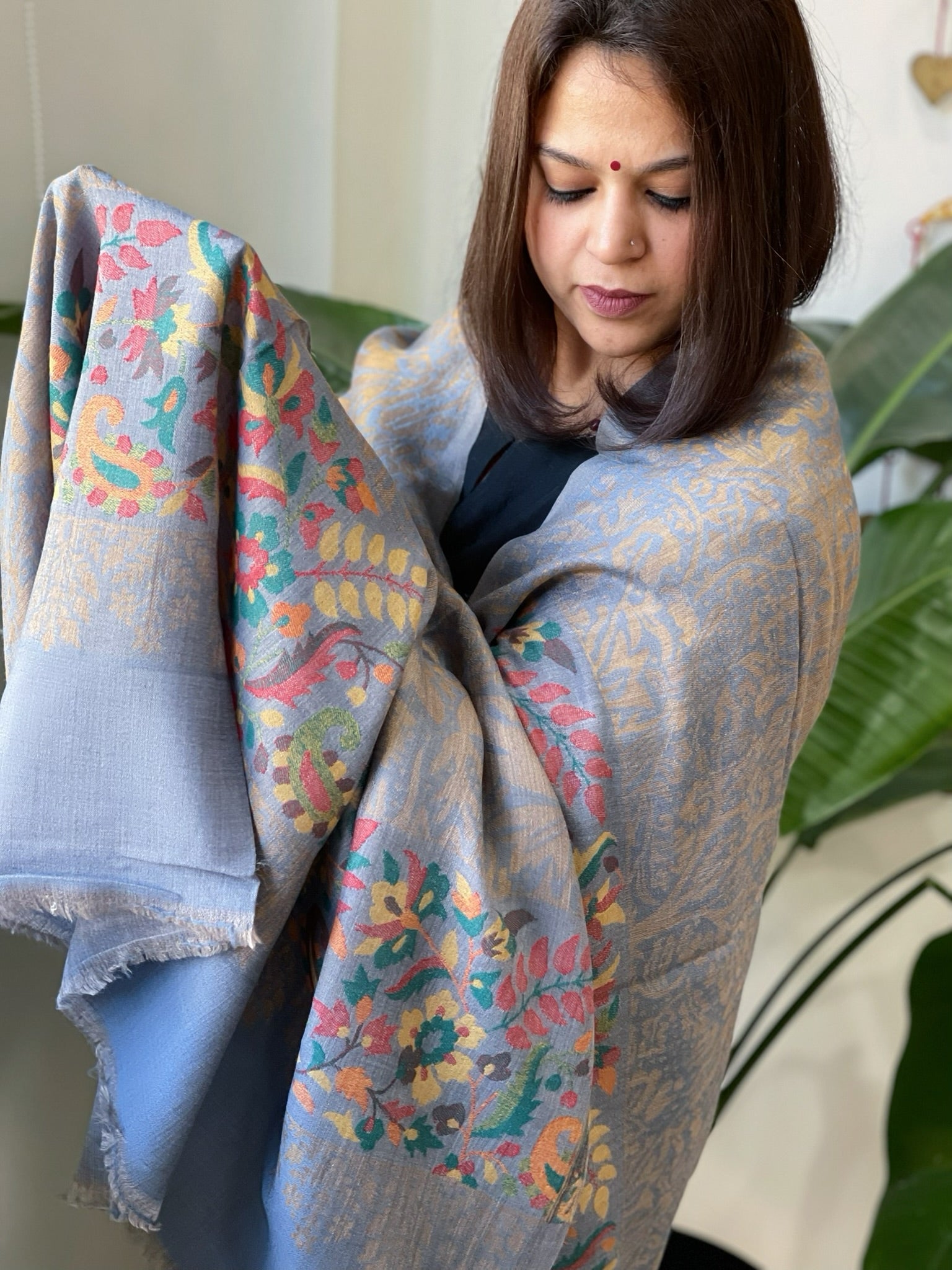 Powder Blue Woven Pashmina Zari Shawl with Kaani Pallu - Masakalee