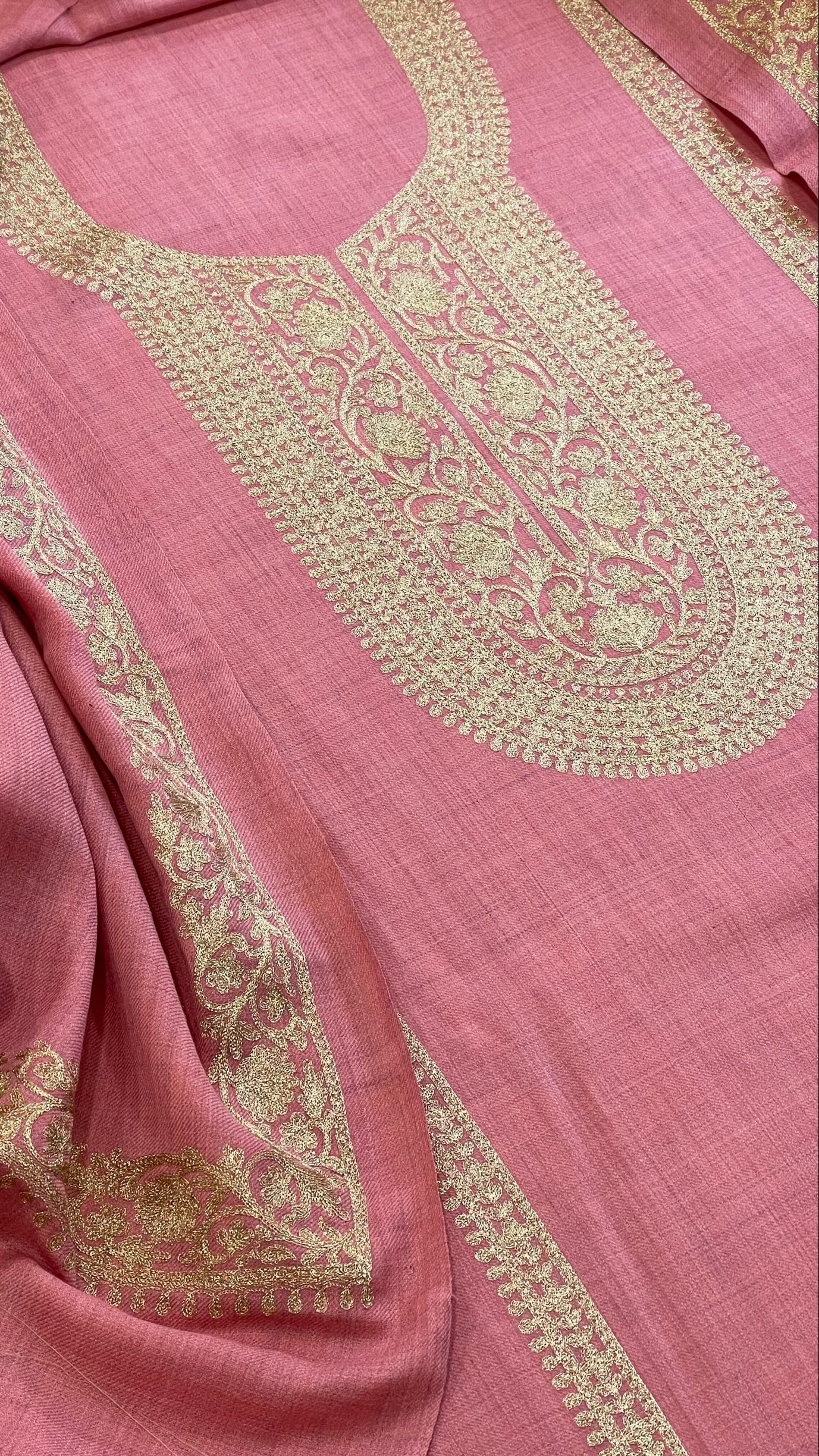 Powder Pink Winter Suit Set with Aari Work in Pashmina Wool - Masakalee