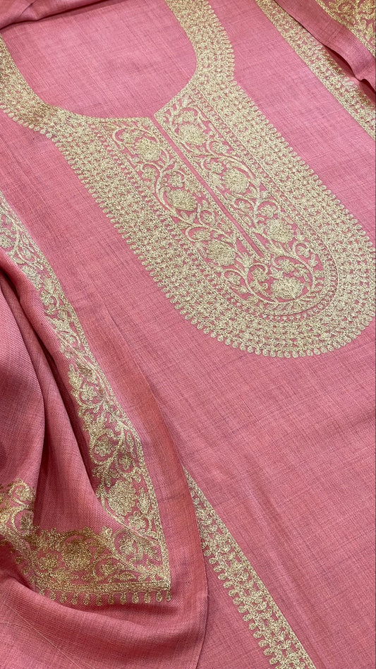 Powder Pink Winter Suit Set with Aari Work in Pashmina Wool - Masakalee