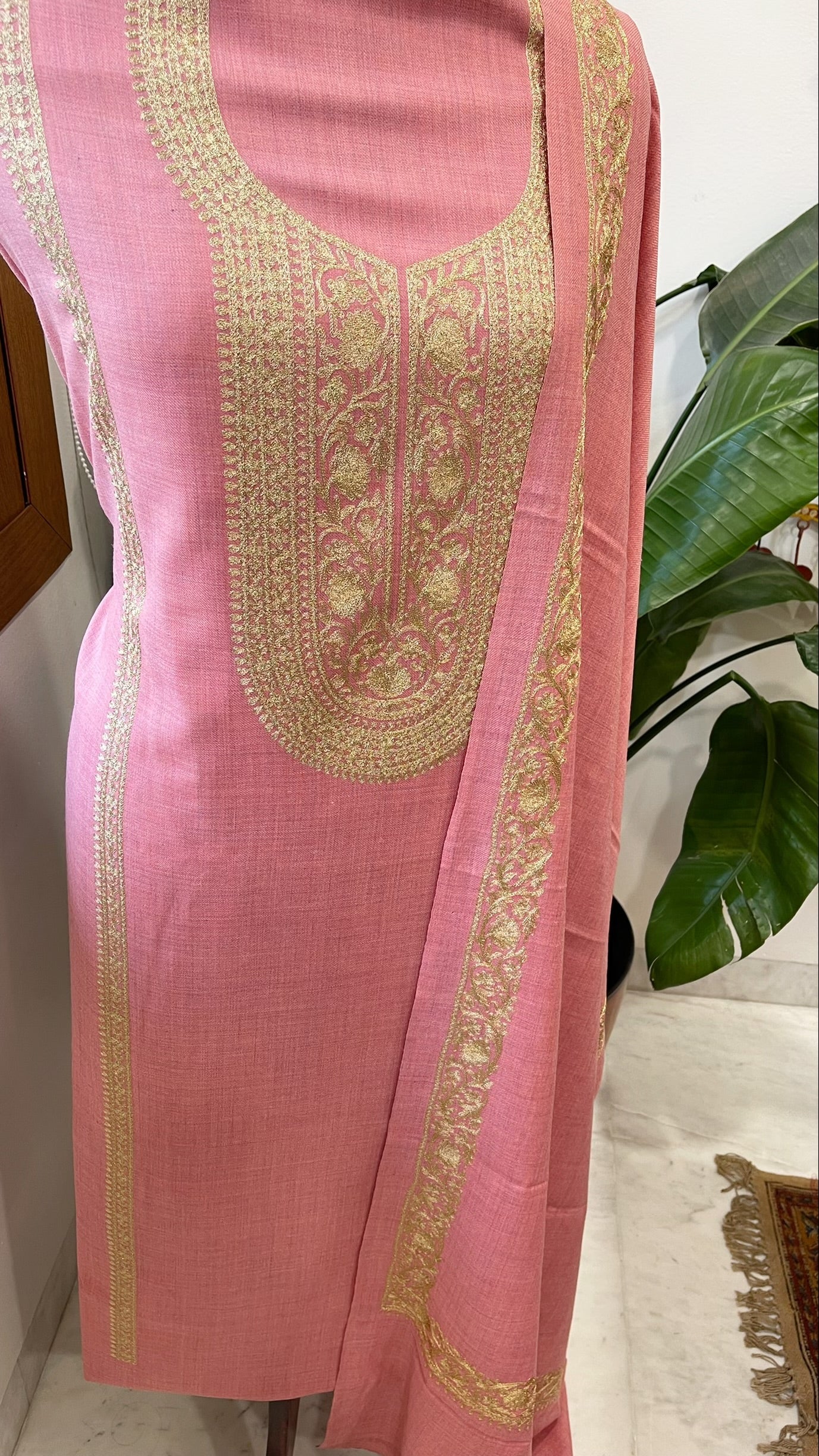 Powder Pink Winter Suit Set with Aari Work in Pashmina Wool - Masakalee