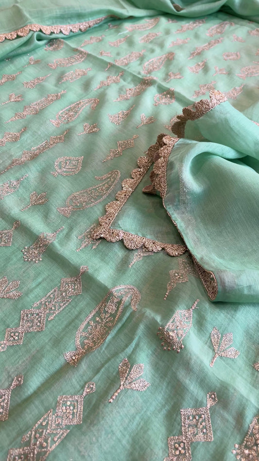 Aqua Green Suit Set with Gold Thread & Sequin Work in Pure Mul