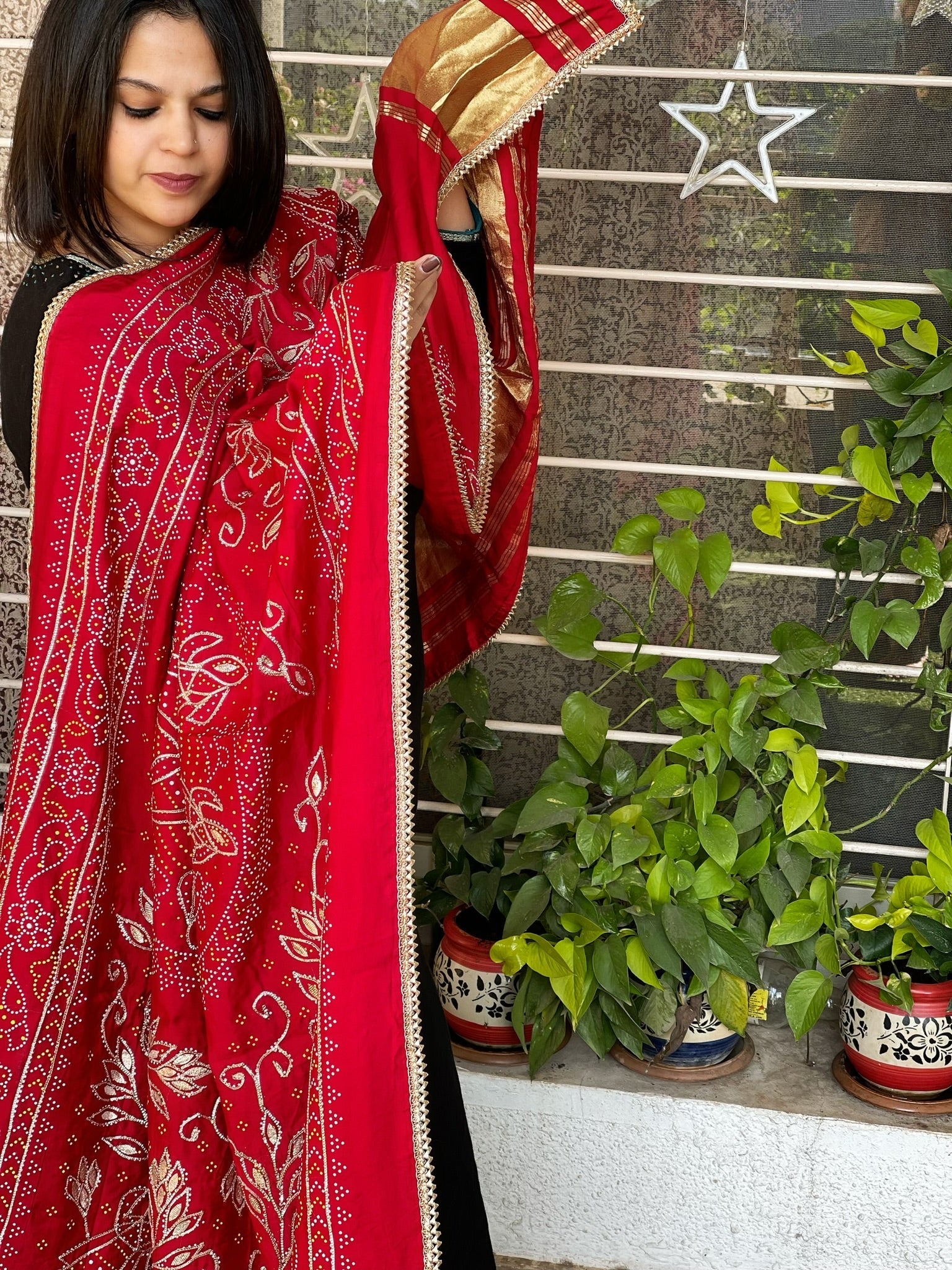 Printed Bandhej Dupatta with Leather Gotapatti Work - Masakalee