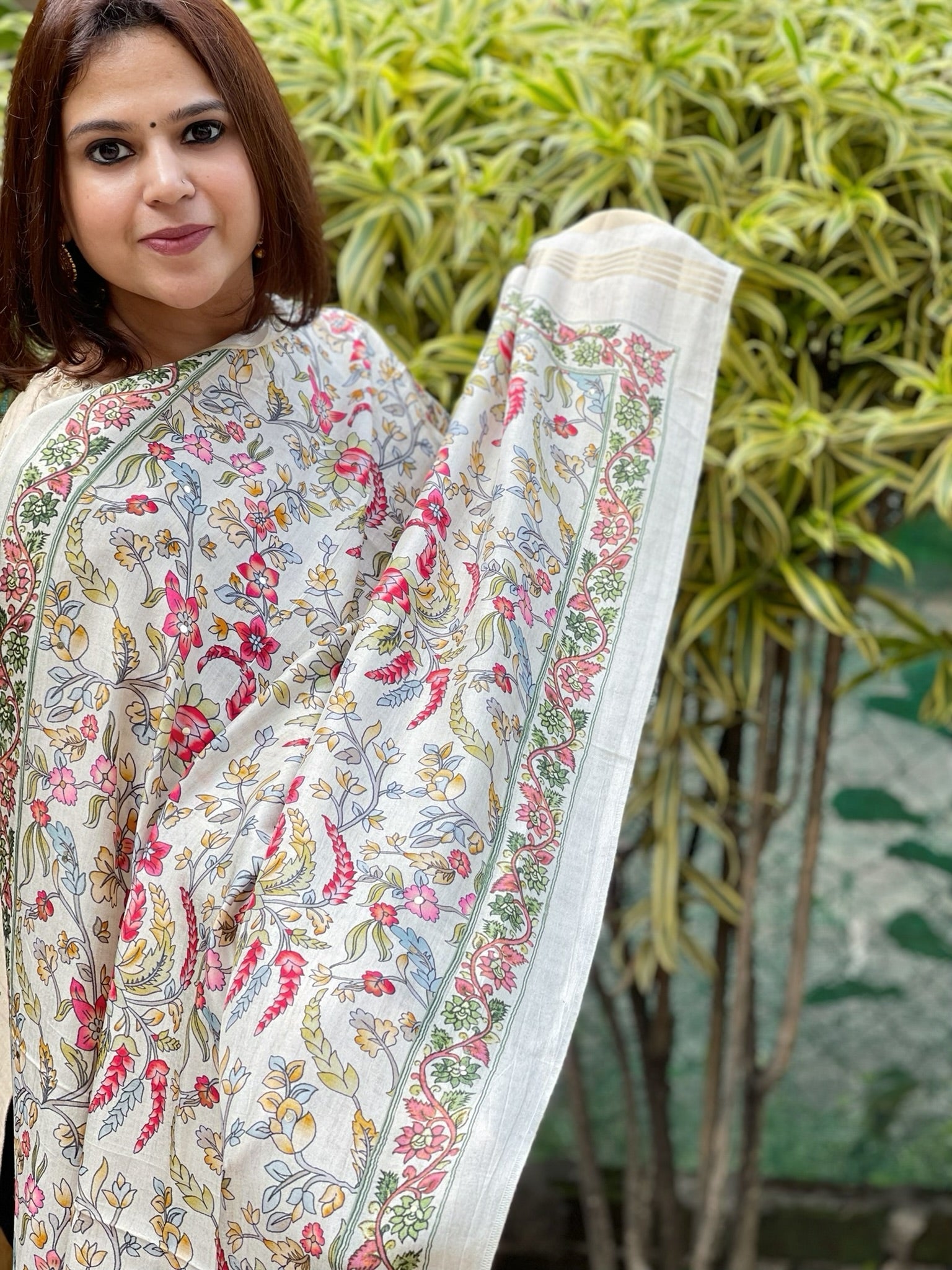 Printed Kalamkari Dupatta with Sequin Work and Zari Pallu in Dola Silk - Masakalee