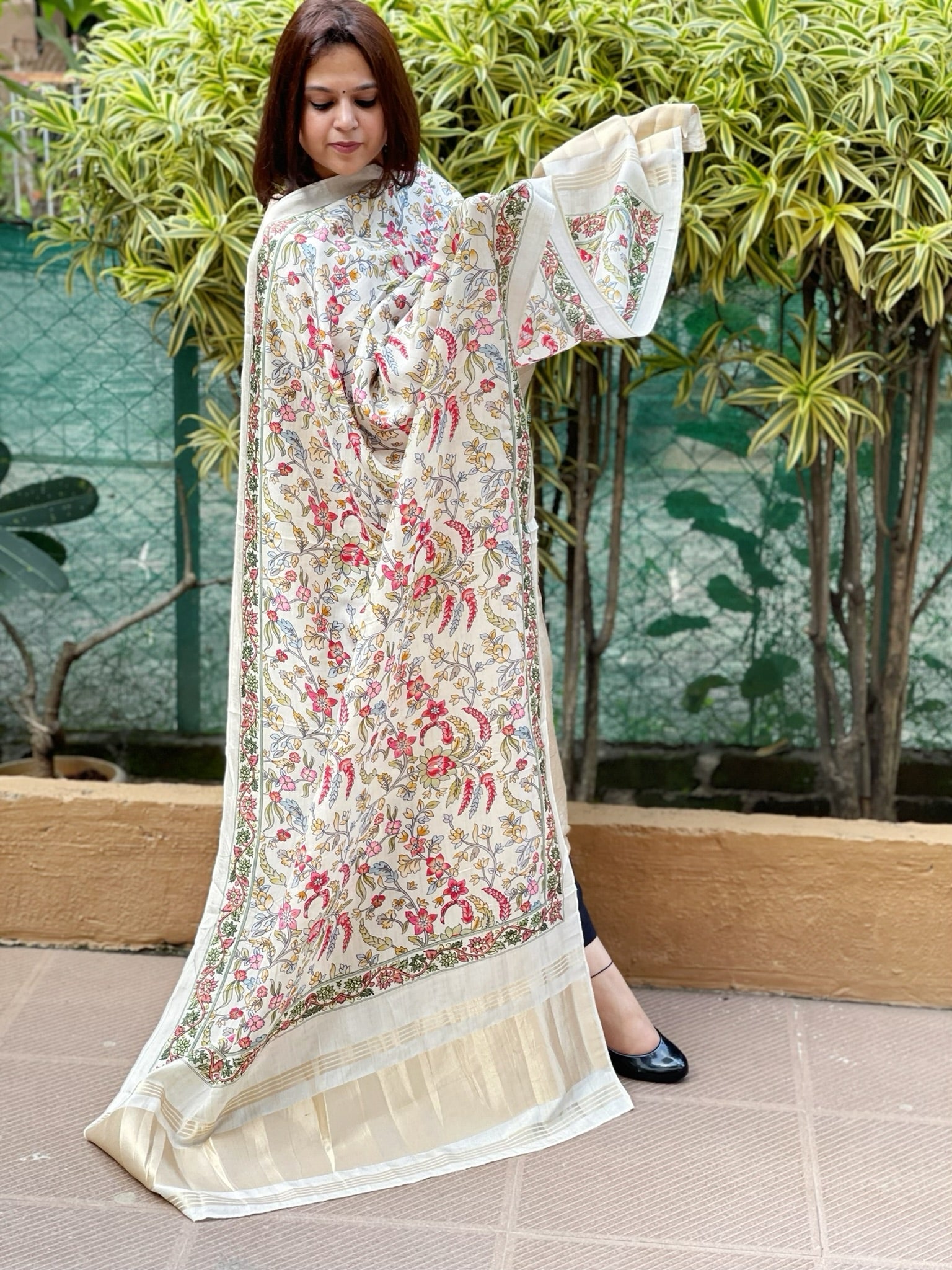 Printed Kalamkari Dupatta with Sequin Work and Zari Pallu in Dola Silk - Masakalee
