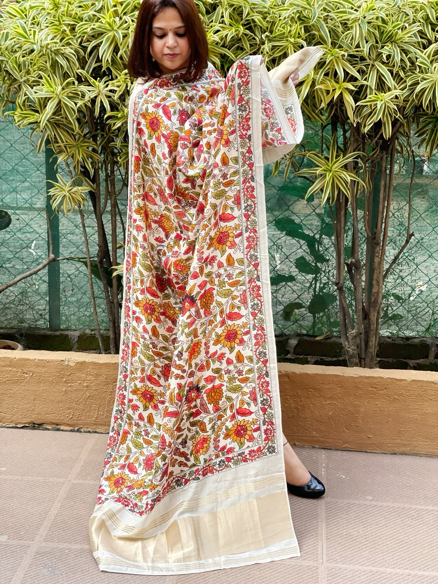 Printed Kalamkari Dupatta with Sequin Work and Zari Pallu in Dola Silk - Masakalee